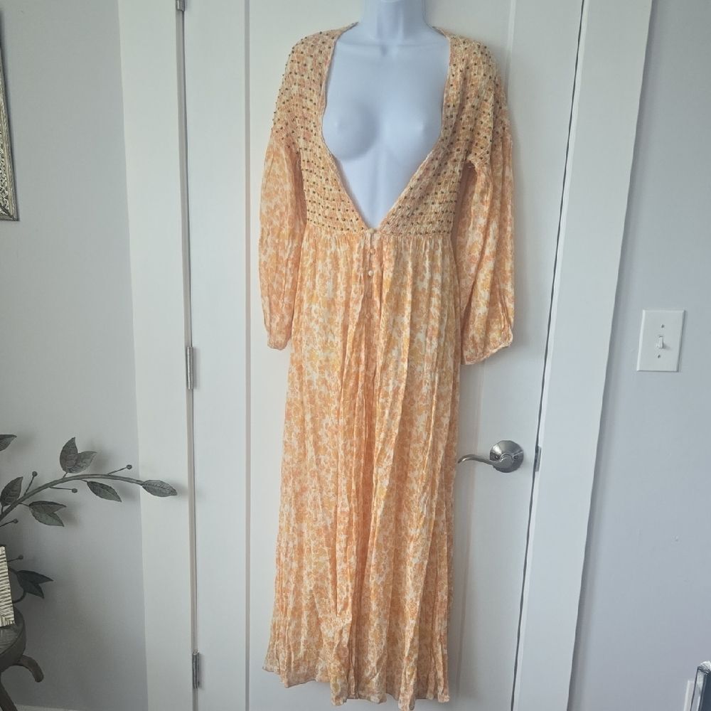 Orange Floral Plunge Neck Bishop Sleeve Gown / Coverup
